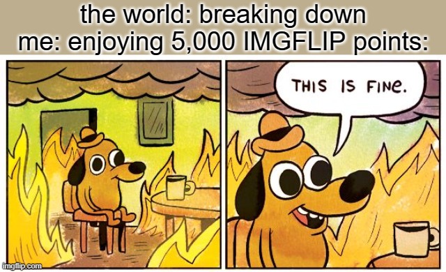 thank you guys for 5k | the world: breaking down
me: enjoying 5,000 IMGFLIP points: | image tagged in memes,this is fine | made w/ Imgflip meme maker