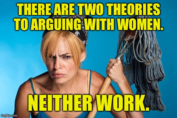 Arguing with woman | THERE ARE TWO THEORIES TO ARGUING WITH WOMEN. NEITHER WORK. | image tagged in cangry cleaner women,two theories,arguing,with a woman,neither work,fun | made w/ Imgflip meme maker