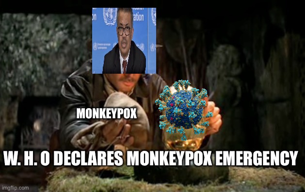 Who’s WHO? | MONKEYPOX; W. H. O DECLARES MONKEYPOX EMERGENCY | image tagged in indiana jones idol,coronavirus,monkeypox | made w/ Imgflip meme maker