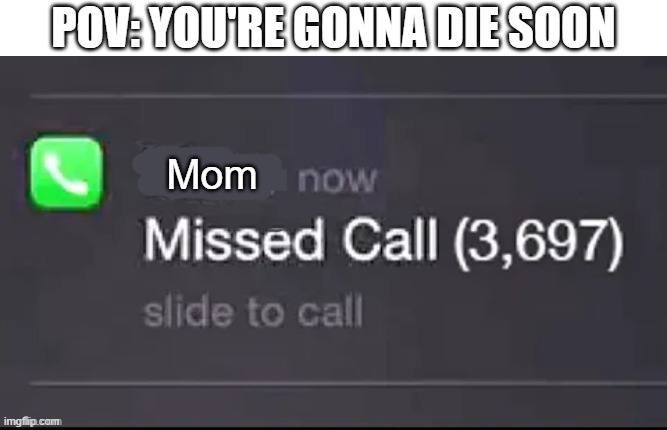 when you miss phone calls from your mom | POV: YOU'RE GONNA DIE SOON; Mom | image tagged in missed call,mom,phone call,missed phone call,mom phone call | made w/ Imgflip meme maker