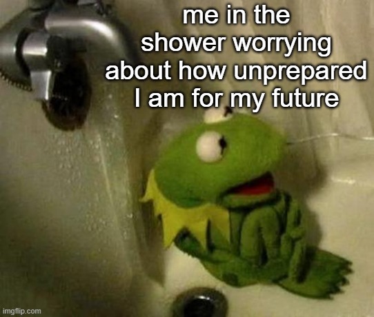 @m0gu5 | me in the shower worrying about how unprepared I am for my future | image tagged in kermit on shower,shower thoughts,laziness,memes,future,life | made w/ Imgflip meme maker