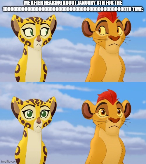 Kion and Fuli Side-eye | ME AFTER HEARING ABOUT JANUARY 6TH FOR THE 10000000000000000000000000000000000000000000TH TIME: | image tagged in kion and fuli side-eye,january 6,news,fake news,trump | made w/ Imgflip meme maker