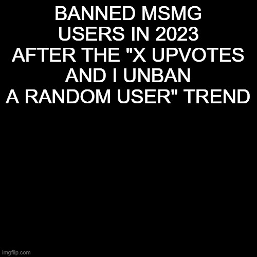 Blank Transparent Square | BANNED MSMG USERS IN 2023 AFTER THE "X UPVOTES AND I UNBAN A RANDOM USER" TREND | image tagged in memes,blank transparent square | made w/ Imgflip meme maker
