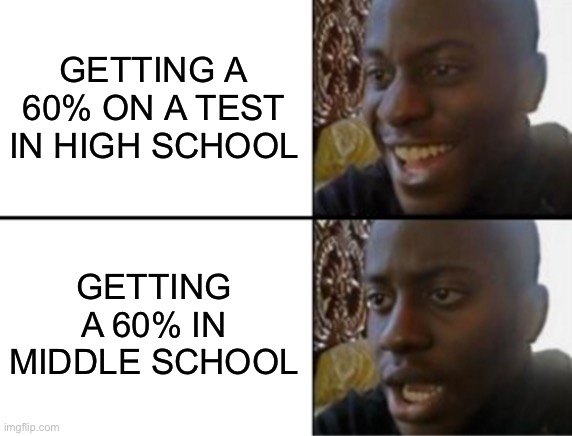 Oh yeah! Oh no... | GETTING A 60% ON A TEST IN HIGH SCHOOL; GETTING A 60% IN MIDDLE SCHOOL | image tagged in oh yeah oh no | made w/ Imgflip meme maker