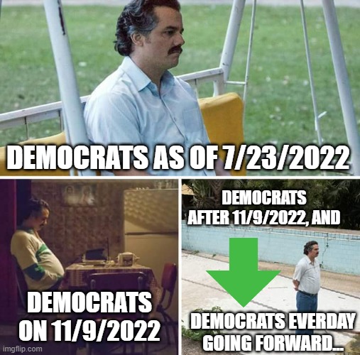 Democrats Know They Have Sealed Their Doom... | DEMOCRATS AS OF 7/23/2022; DEMOCRATS AFTER 11/9/2022, AND; DEMOCRATS ON 11/9/2022; DEMOCRATS EVERDAY GOING FORWARD... | image tagged in memes,sad pablo escobar,politics,political memes,democrats,so true memes | made w/ Imgflip meme maker