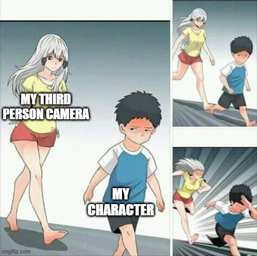 True? | MY THIRD PERSON CAMERA; MY CHARACTER | image tagged in anime boy running,3rd person cam,stop,looking,at,me | made w/ Imgflip meme maker