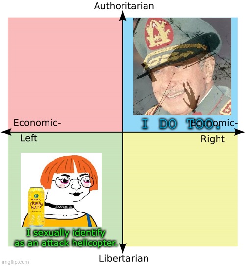 I know the “I identify as an attack helicopter” joke is libright satire but I couldn’t resist | I DO TOO. I sexually identify as an attack helicopter. | image tagged in political compass | made w/ Imgflip meme maker