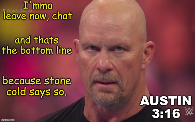 Steve Austin template | I'mma leave now, chat; and thats the bottom line; because stone cold says so. | image tagged in steve austin template | made w/ Imgflip meme maker