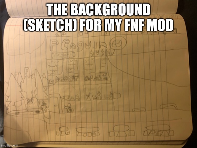 The building is gonna stay but I’m just gonna make the angle on the tables different in game | THE BACKGROUND (SKETCH) FOR MY FNF MOD | image tagged in fnf | made w/ Imgflip meme maker