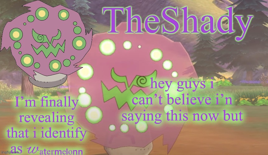 TheShady spiritomb temp | hey guys i can’t believe i’n saying this now but; I’m finally revealing that i identify as 𝓌ₐₜₑᵣₘₑₗₒₙₙ | image tagged in theshady spiritomb temp | made w/ Imgflip meme maker