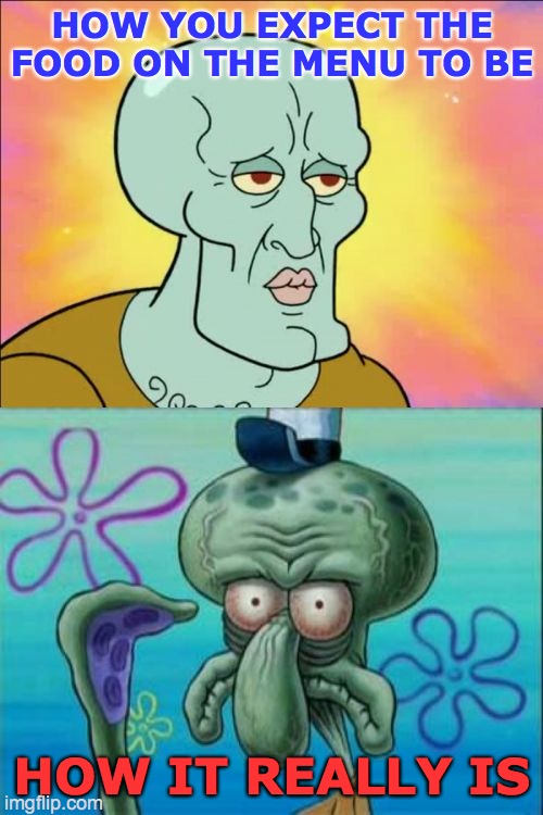 Squidward | HOW YOU EXPECT THE FOOD ON THE MENU TO BE; HOW IT REALLY IS | image tagged in memes,squidward | made w/ Imgflip meme maker