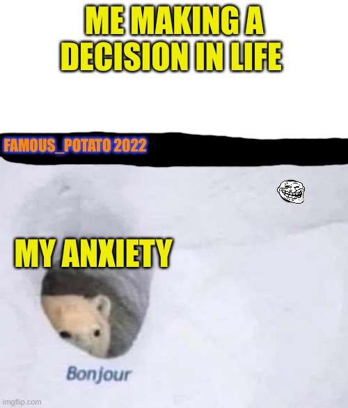 Bonjour | ME MAKING A DECISION IN LIFE; FAMOUS_POTATO 2022; MY ANXIETY | image tagged in bonjour | made w/ Imgflip meme maker