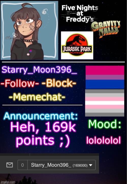 11k more points till next icon! :D 31 more till 200k! | lolololol; Heh, 169k points ;) | image tagged in starry_moon396 s announcement template v3,memes | made w/ Imgflip meme maker