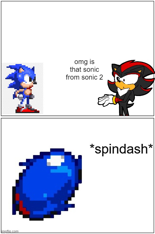 shitpost | omg is that sonic from sonic 2; *spindash* | image tagged in memes,blank comic panel 1x2 | made w/ Imgflip meme maker