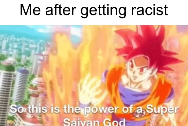 So this is the power of a super saiyan god goku db dragonball | Me after getting racist | image tagged in so this is the power of a super saiyan god goku db dragonball | made w/ Imgflip meme maker