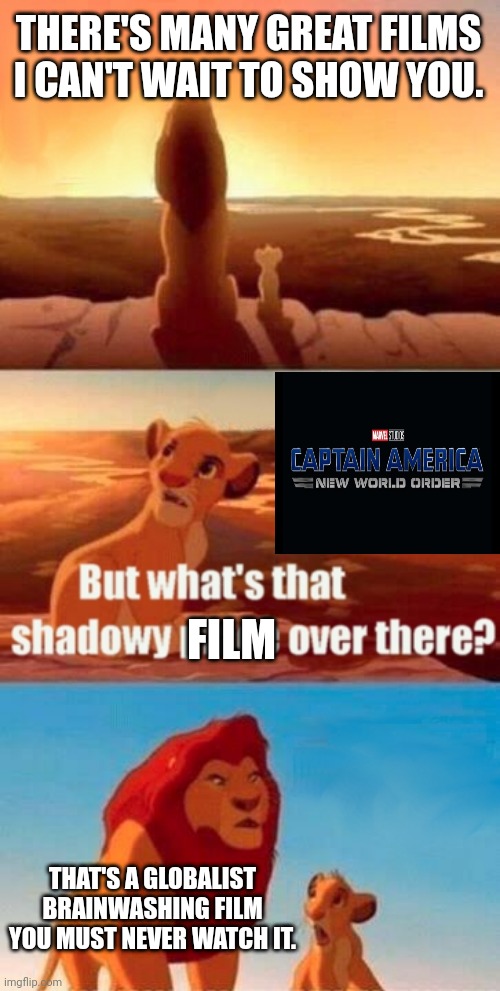 Can they be more obvious.. | THERE'S MANY GREAT FILMS I CAN'T WAIT TO SHOW YOU. FILM; THAT'S A GLOBALIST BRAINWASHING FILM YOU MUST NEVER WATCH IT. | image tagged in memes,simba shadowy place,captain america,new world order | made w/ Imgflip meme maker