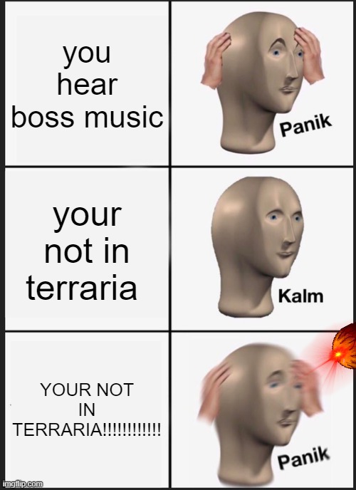 Panik Kalm Panik | you hear boss music; your not in terraria; YOUR NOT IN TERRARIA!!!!!!!!!!!! | image tagged in memes,panik kalm panik | made w/ Imgflip meme maker