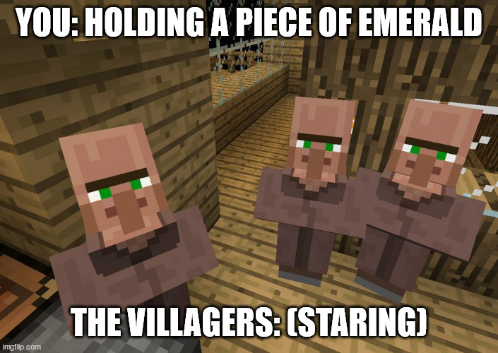 Piece of emerald | YOU: HOLDING A PIECE OF EMERALD; THE VILLAGERS: (STARING) | image tagged in minecraft villagers | made w/ Imgflip meme maker