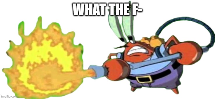 Mr. Krabs with flamethrower | WHAT THE F- | image tagged in mr krabs with flamethrower | made w/ Imgflip meme maker
