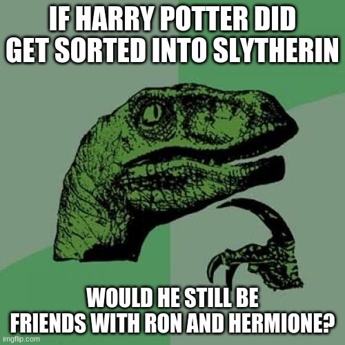 Because think about it. In "Order of the Phoenix", Harry and co. become friends with Ravenclaw student Luna Lovegood. | IF HARRY POTTER DID GET SORTED INTO SLYTHERIN; WOULD HE STILL BE FRIENDS WITH RON AND HERMIONE? | image tagged in memes,philosoraptor,harry potter,slytherin,books,movies | made w/ Imgflip meme maker