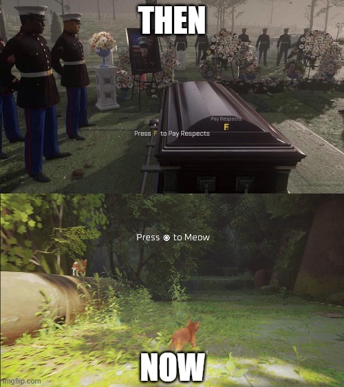 THEN; NOW | image tagged in press f to pay respects,press to meow | made w/ Imgflip meme maker