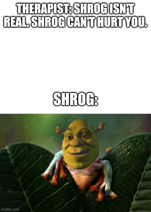 Shrek + Frog = Shrog | THERAPIST: SHROG ISN'T REAL. SHROG CAN'T HURT YOU. SHROG: | image tagged in blank white template,frog,shrek | made w/ Imgflip meme maker