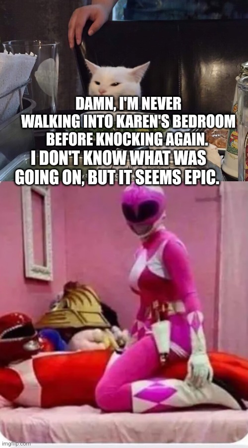 DAMN, I'M NEVER WALKING INTO KAREN'S BEDROOM BEFORE KNOCKING AGAIN. I DON'T KNOW WHAT WAS GOING ON, BUT IT SEEMS EPIC. | image tagged in smudge the cat | made w/ Imgflip meme maker