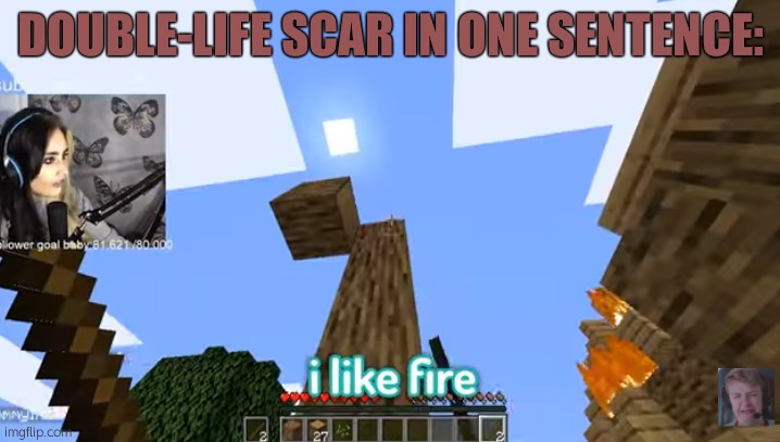 I like fire | DOUBLE-LIFE SCAR IN ONE SENTENCE: | image tagged in i like fire | made w/ Imgflip meme maker