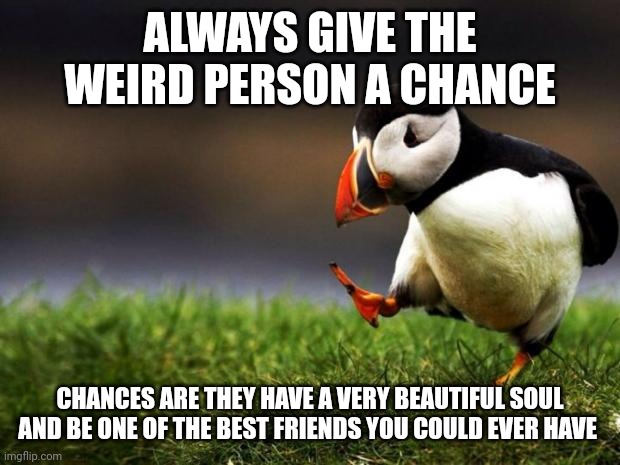 10 Times out of 10 this is true | ALWAYS GIVE THE WEIRD PERSON A CHANCE; CHANCES ARE THEY HAVE A VERY BEAUTIFUL SOUL AND BE ONE OF THE BEST FRIENDS YOU COULD EVER HAVE | image tagged in memes,unpopular opinion puffin | made w/ Imgflip meme maker