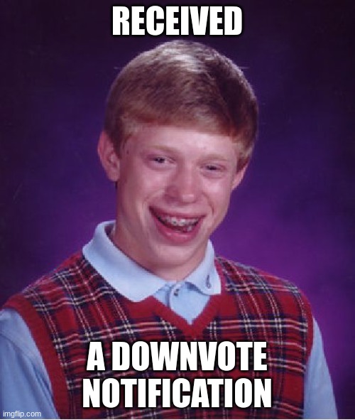 Bad Luck Brian Meme | RECEIVED A DOWNVOTE NOTIFICATION | image tagged in memes,bad luck brian | made w/ Imgflip meme maker