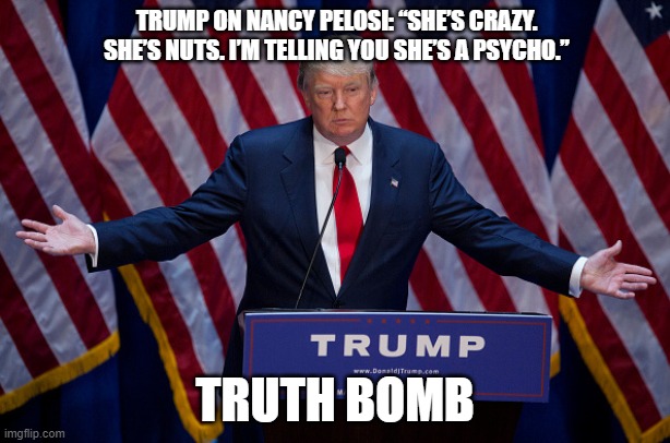 Truth Bomb | TRUMP ON NANCY PELOSI: “SHE’S CRAZY. SHE’S NUTS. I’M TELLING YOU SHE’S A PSYCHO.”; TRUTH BOMB | image tagged in donald trump,truth bomb,thank you mr president,nancy pelosi,democrat war on america,democrat corruption | made w/ Imgflip meme maker