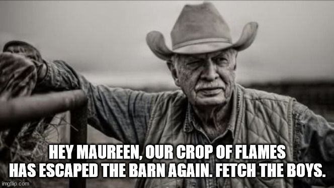 So God Made A Farmer Meme | HEY MAUREEN, OUR CROP OF FLAMES HAS ESCAPED THE BARN AGAIN. FETCH THE BOYS. | image tagged in memes,so god made a farmer | made w/ Imgflip meme maker