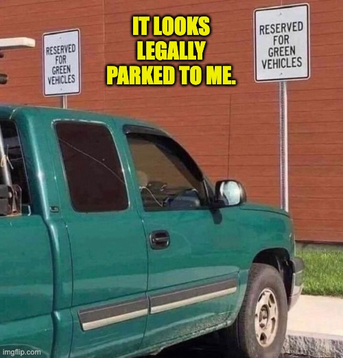 Green | IT LOOKS LEGALLY PARKED TO ME. | image tagged in green | made w/ Imgflip meme maker