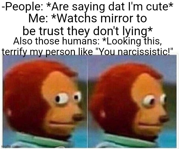 -Where to run from? | -People: *Are saying dat I'm cute*; Me: *Watchs mirror to be trust they don't lying*; Also those humans: *Looking this, terrify my person like "You narcissistic!" | image tagged in memes,monkey puppet,narcissist,stupid people,lies,pointing mirror guy | made w/ Imgflip meme maker