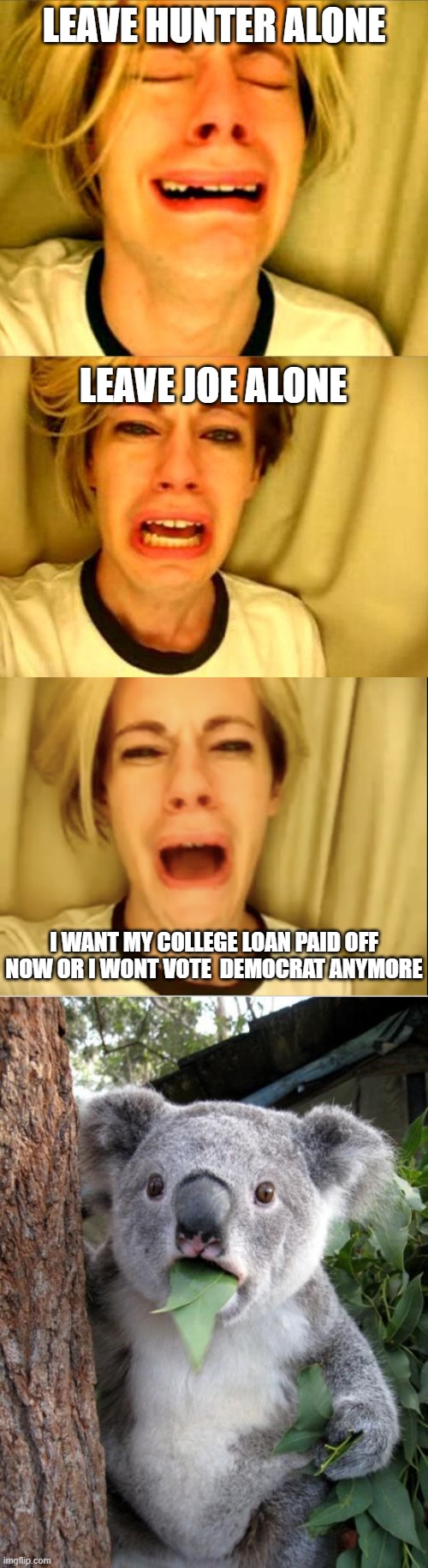 America Held Hostage do it or else politics | LEAVE HUNTER ALONE; LEAVE JOE ALONE; I WANT MY COLLEGE LOAN PAID OFF NOW OR I WONT VOTE  DEMOCRAT ANYMORE | image tagged in leave britney alone,memes,surprised koala,woke,broke | made w/ Imgflip meme maker