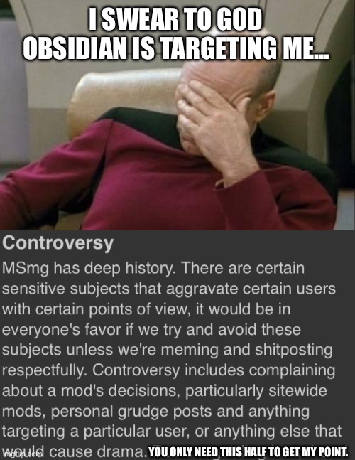 I SWEAR TO GOD OBSIDIAN IS TARGETING ME…; YOU ONLY NEED THIS HALF TO GET MY POINT. | image tagged in memes,captain picard facepalm | made w/ Imgflip meme maker