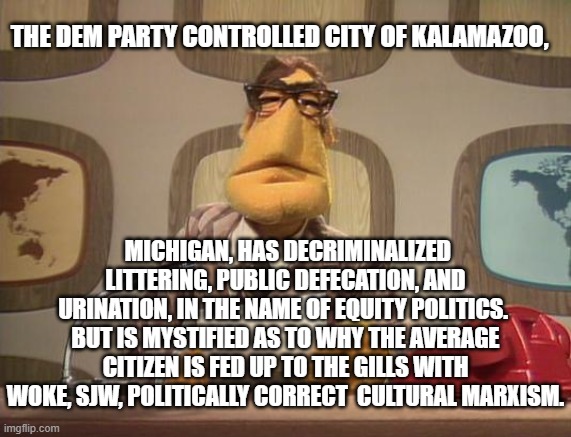 True story . . . including being puzzled as to why citizens are ANGRY at them. | THE DEM PARTY CONTROLLED CITY OF KALAMAZOO, MICHIGAN, HAS DECRIMINALIZED LITTERING, PUBLIC DEFECATION, AND URINATION, IN THE NAME OF EQUITY POLITICS.  BUT IS MYSTIFIED AS TO WHY THE AVERAGE CITIZEN IS FED UP TO THE GILLS WITH WOKE, SJW, POLITICALLY CORRECT  CULTURAL MARXISM. | image tagged in muppet news | made w/ Imgflip meme maker