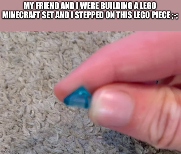 MY FRIEND AND I WERE BUILDING A LEGO MINECRAFT SET AND I STEPPED ON THIS LEGO PIECE ;-; | made w/ Imgflip meme maker