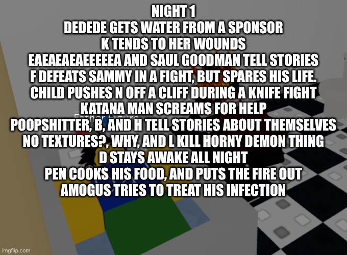 I think the placeholders are winning | NIGHT 1
DEDEDE GETS WATER FROM A SPONSOR
K TENDS TO HER WOUNDS
EAEAEAEAEEEEEA AND SAUL GOODMAN TELL STORIES
F DEFEATS SAMMY IN A FIGHT, BUT SPARES HIS LIFE.
CHILD PUSHES N OFF A CLIFF DURING A KNIFE FIGHT
KATANA MAN SCREAMS FOR HELP
POOPSHITTER, B, AND H TELL STORIES ABOUT THEMSELVES
NO TEXTURES?, WHY, AND L KILL HORNY DEMON THING
D STAYS AWAKE ALL NIGHT
PEN COOKS HIS FOOD, AND PUTS THE FIRE OUT
AMOGUS TRIES TO TREAT HIS INFECTION | image tagged in father figure template | made w/ Imgflip meme maker