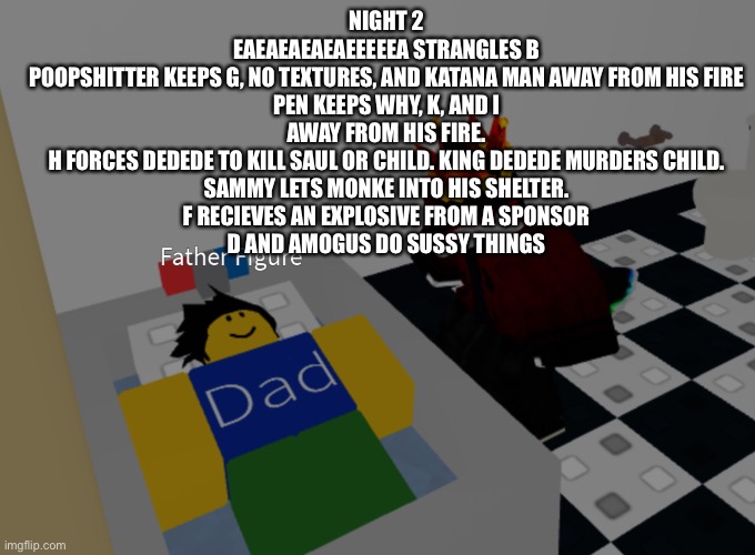 father figure template | NIGHT 2
EAEAEAEAEAEEEEEA STRANGLES B
POOPSHITTER KEEPS G, NO TEXTURES, AND KATANA MAN AWAY FROM HIS FIRE
PEN KEEPS WHY, K, AND I AWAY FROM HIS FIRE.
H FORCES DEDEDE TO KILL SAUL OR CHILD. KING DEDEDE MURDERS CHILD.
SAMMY LETS MONKE INTO HIS SHELTER.
F RECIEVES AN EXPLOSIVE FROM A SPONSOR
D AND AMOGUS DO SUSSY THINGS | image tagged in father figure template | made w/ Imgflip meme maker