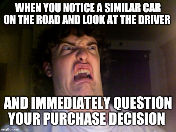 Oh No Meme | WHEN YOU NOTICE A SIMILAR CAR ON THE ROAD AND LOOK AT THE DRIVER; AND IMMEDIATELY QUESTION YOUR PURCHASE DECISION | image tagged in memes,oh no | made w/ Imgflip meme maker