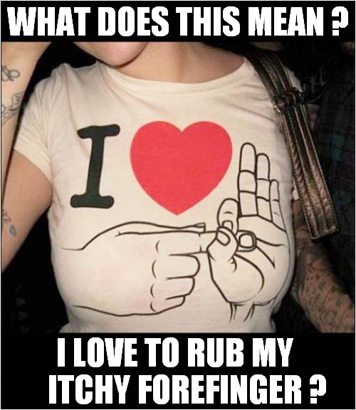 I Wish I Understood Sign Language ! | WHAT DOES THIS MEAN ? I LOVE TO RUB MY 
   ITCHY FOREFINGER ? | image tagged in sign language,itchy,finger,dark humour | made w/ Imgflip meme maker