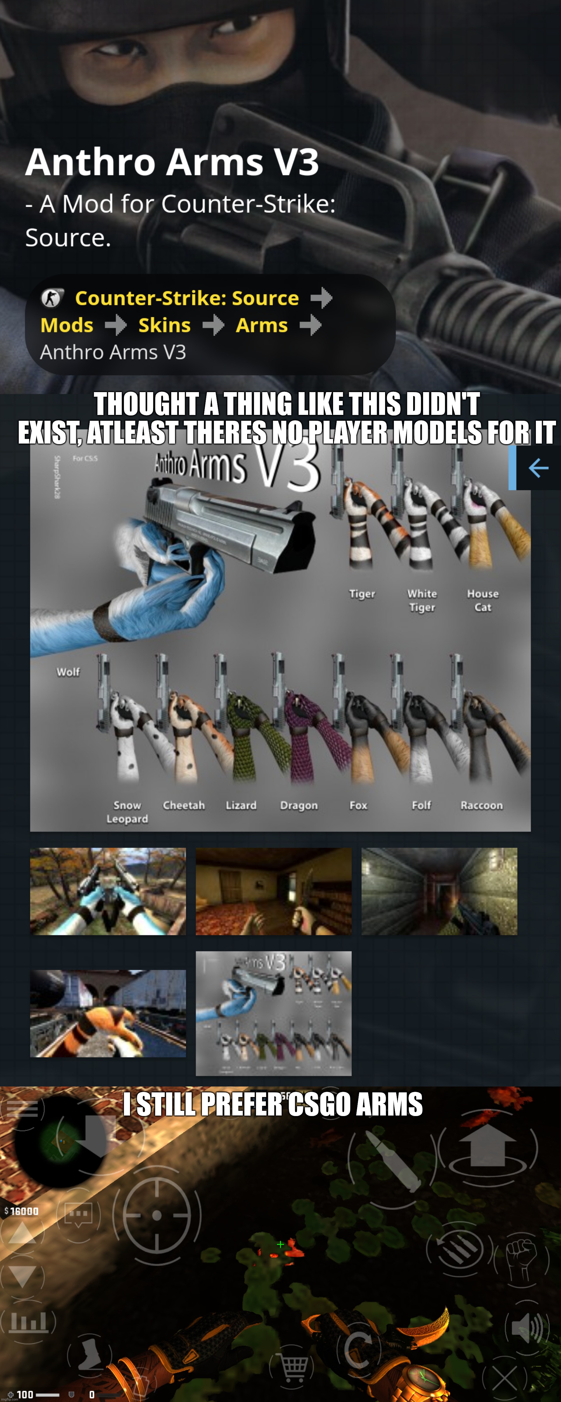 THOUGHT A THING LIKE THIS DIDN'T EXIST, ATLEAST THERES NO PLAYER MODELS FOR IT; I STILL PREFER CSGO ARMS | made w/ Imgflip meme maker