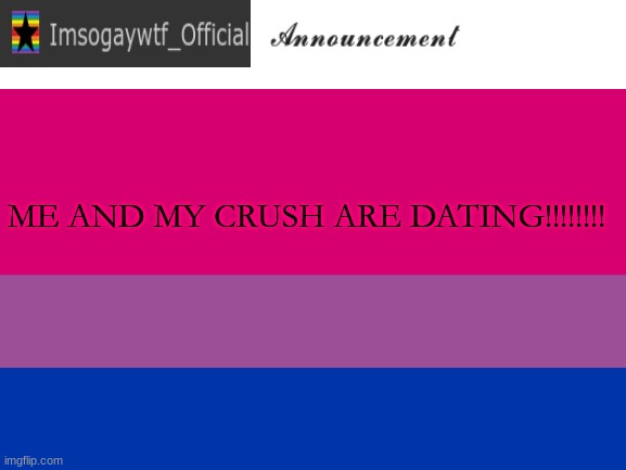 ME AND MY CRUSH ARE DATING!!!!!!!! | image tagged in imsogaywtf_official alternate temp | made w/ Imgflip meme maker
