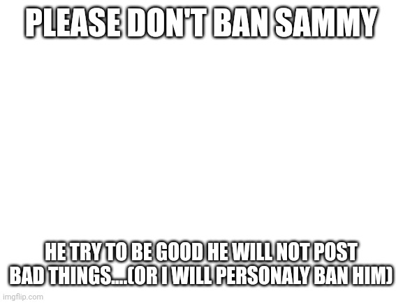 A second chance? [-Ial.- Note: He was banned for a reason.....so no second chances for him] | PLEASE DON'T BAN SAMMY; HE TRY TO BE GOOD HE WILL NOT POST BAD THINGS....(OR I WILL PERSONALY BAN HIM) | image tagged in blank white template | made w/ Imgflip meme maker