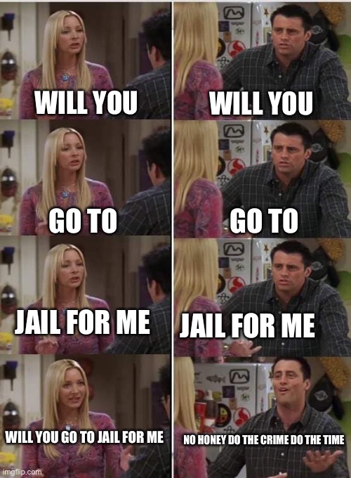 Phoebe Joey | WILL YOU; WILL YOU; GO TO; GO TO; JAIL FOR ME; JAIL FOR ME; WILL YOU GO TO JAIL FOR ME; NO HONEY DO THE CRIME DO THE TIME | image tagged in phoebe joey | made w/ Imgflip meme maker