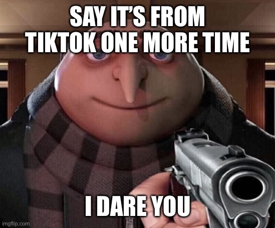 Gru Gun | SAY IT’S FROM TIKTOK ONE MORE TIME I DARE YOU | image tagged in gru gun | made w/ Imgflip meme maker