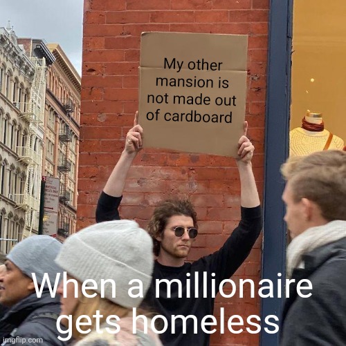 Homeless Millionaire | My other mansion is not made out of cardboard; When a millionaire gets homeless | image tagged in memes,guy holding cardboard sign | made w/ Imgflip meme maker