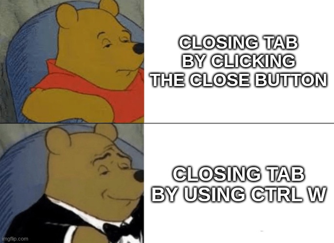 Close The Tab | CLOSING TAB BY CLICKING THE CLOSE BUTTON; CLOSING TAB BY USING CTRL W | image tagged in memes,tuxedo winnie the pooh | made w/ Imgflip meme maker