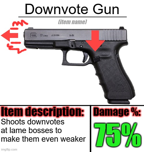 Downvote Gun; Shoots downvotes at lame bosses to make them even weaker; 75% | image tagged in item-shop template,downvote,downvotes,guns,gun | made w/ Imgflip meme maker